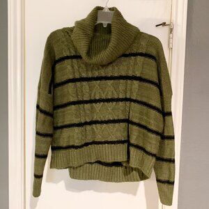 Poof Apparel Dark Olive Green Striped Cowl Neck Sweater - Medium